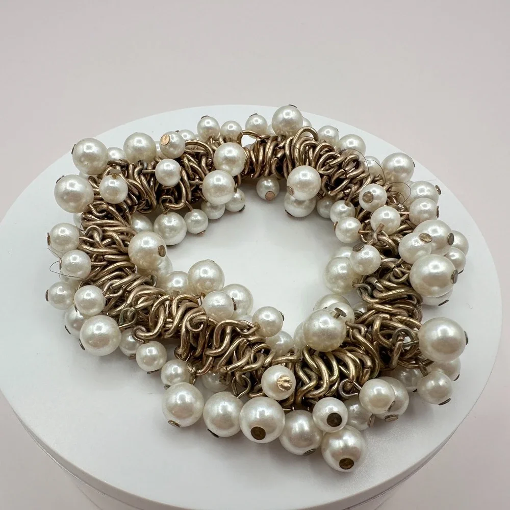 Vintage Gold Tone Faux Pearl Chunky Bracelet - Bridal Gift